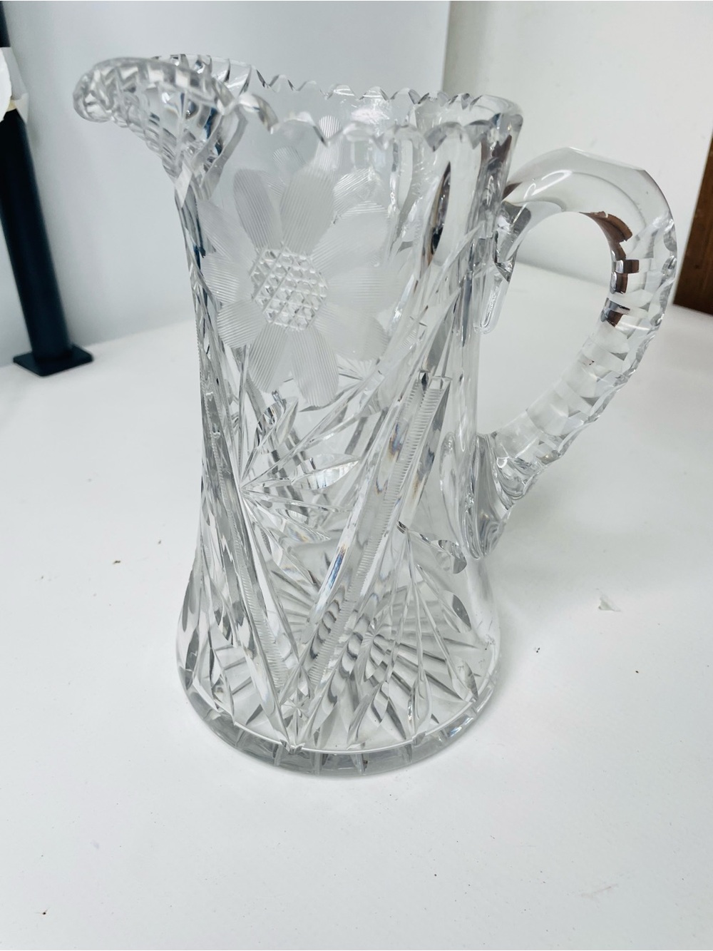Vintage Cut Crystal Floral Pitcher - Clear Glass Home Art American Br Period